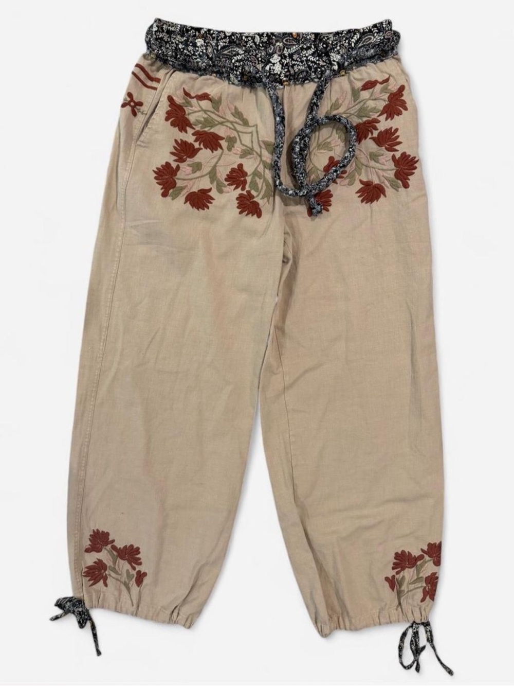 Blue Velvet embroidered 100% Cotton Pants in Taupe Size Medium